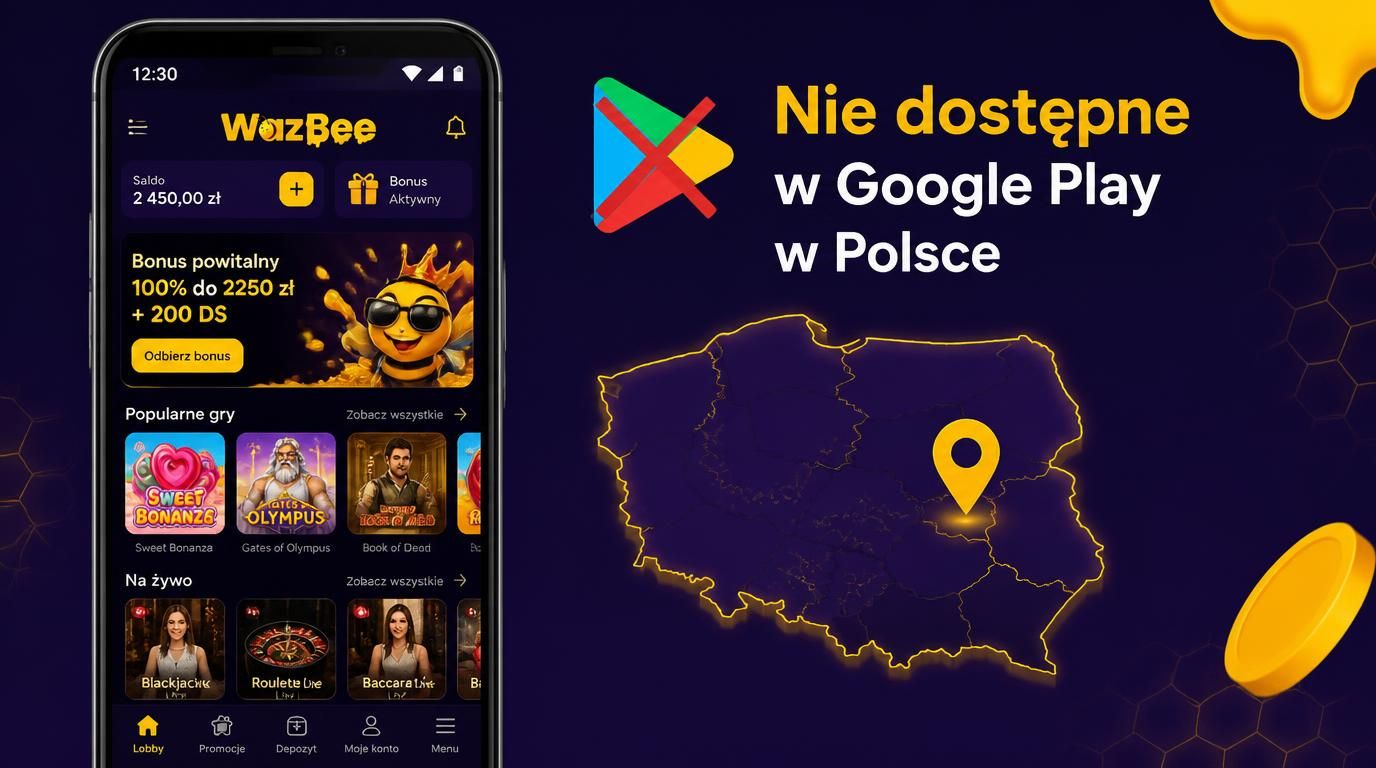 Ekran aplikacji Android + ikona Google Play przekreślona + mapa Polski