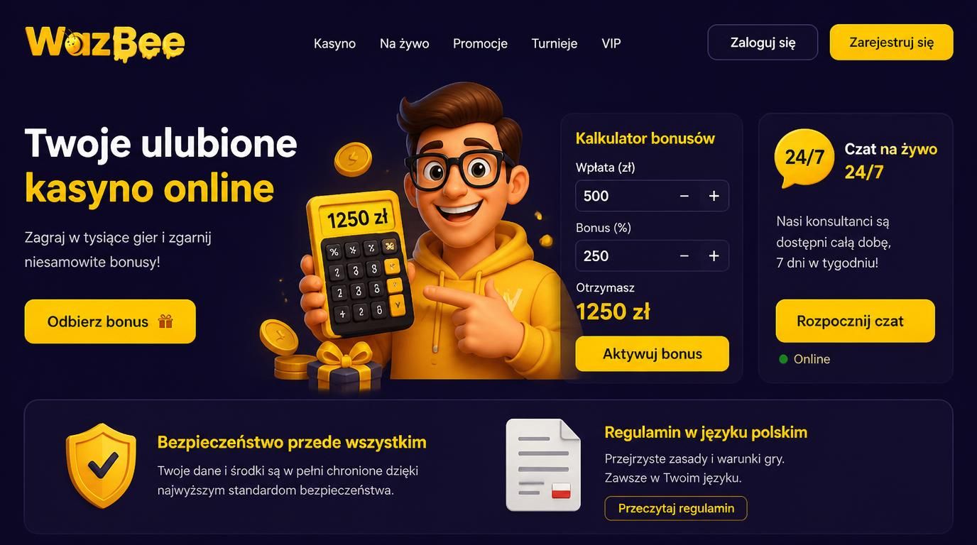 Gracz analizujący regulamin obok ikony bezpieczeństwa i kalkulatora bonusów